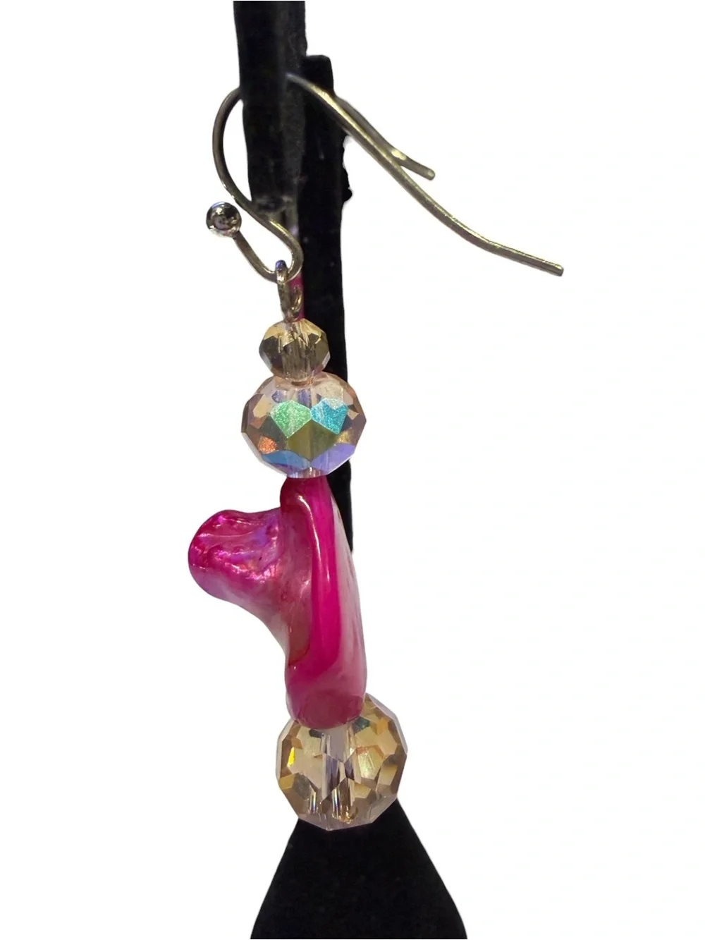 Handmade Fuchsia Mother of Pearl Wave Dangle Earrings Iridescent Crystal Mermaid